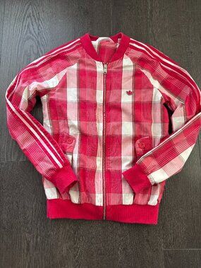 PINK STRIPED TARTAN ADIDAS WOMENS TRACK JACKET SIZE MEDIUM PREOWNED